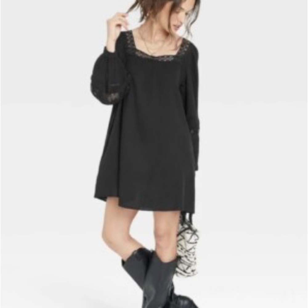 Universal Thread Women's Black midi Balloon Sleeve lace trim Tiered Dress size S